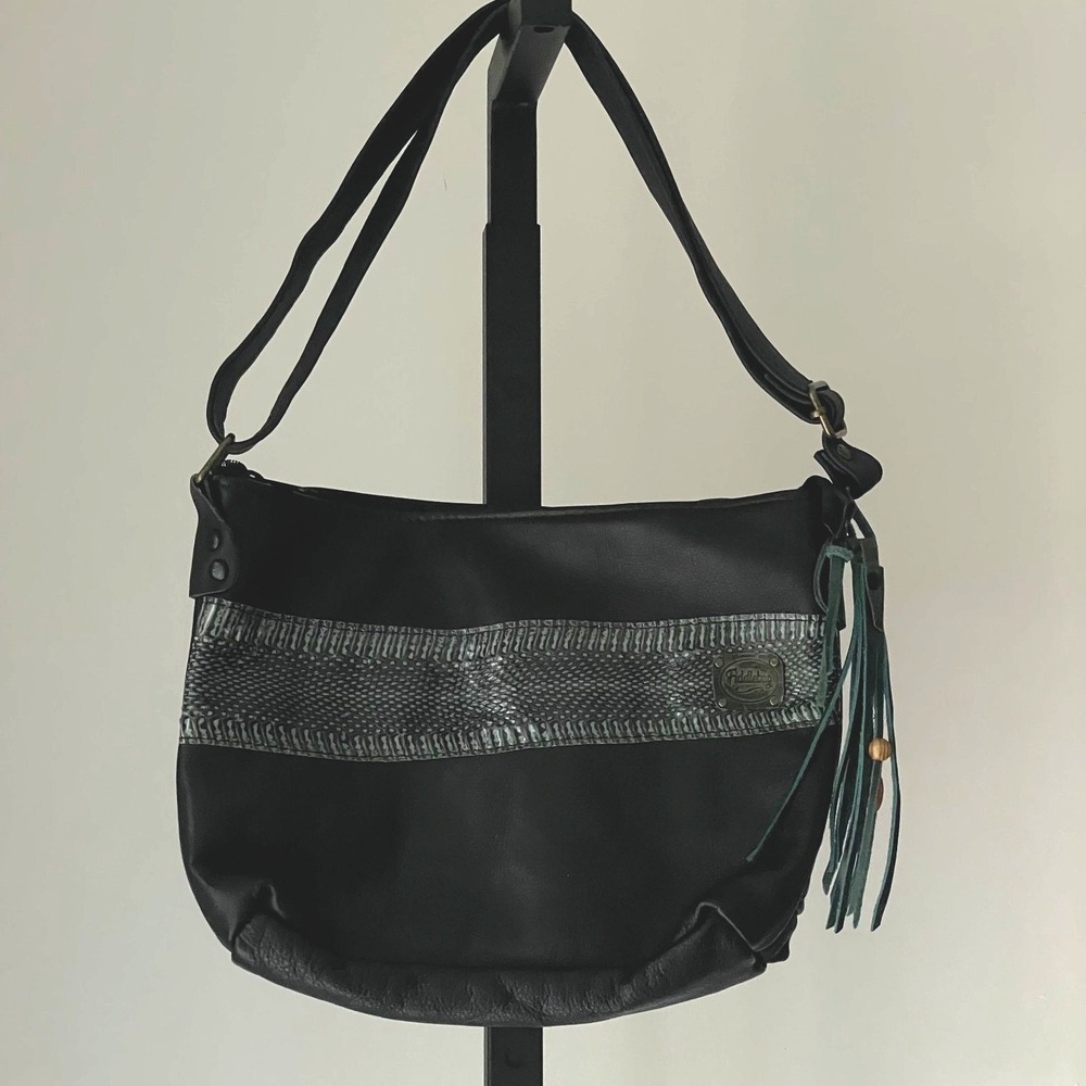 Fiddlebug Bags Black Leather Shoulder Bag Snake Print Tassel